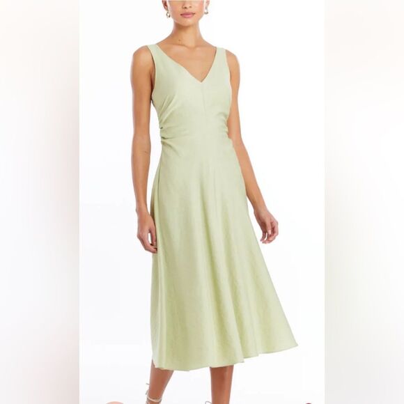 AMANDA UPRICHARD Dress Linen Sabal Midi V Neck A-Line Sleeveless Green S - Picture 1 of 9